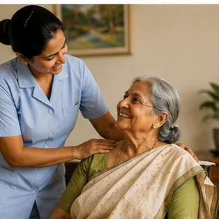 A caregiver and an elderly man laughing together
